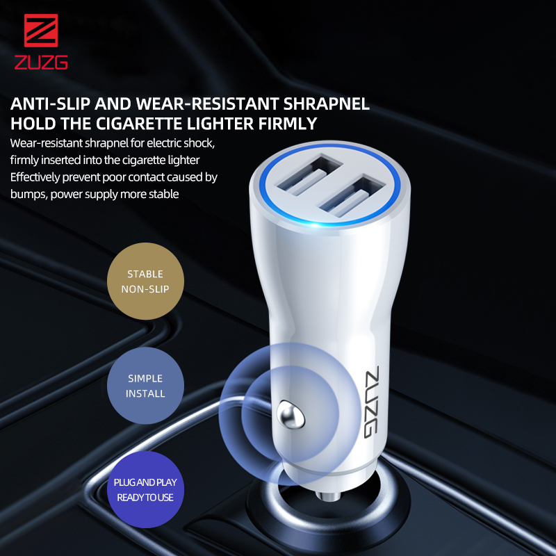 ZC-C10ST-WHITE Dual USB Smart Car Charger Kit 